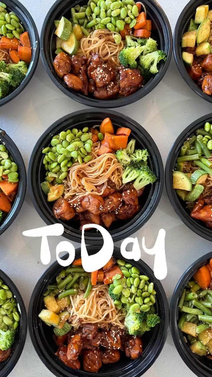 Teriyaki chicken bowls with noodles, edamame, broccoli, and carrots