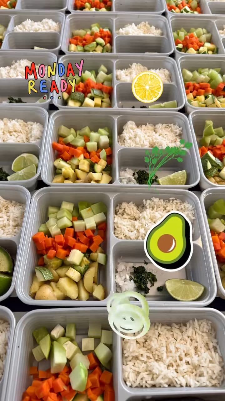 Rice bowls with diced carrots, zucchini, and lime