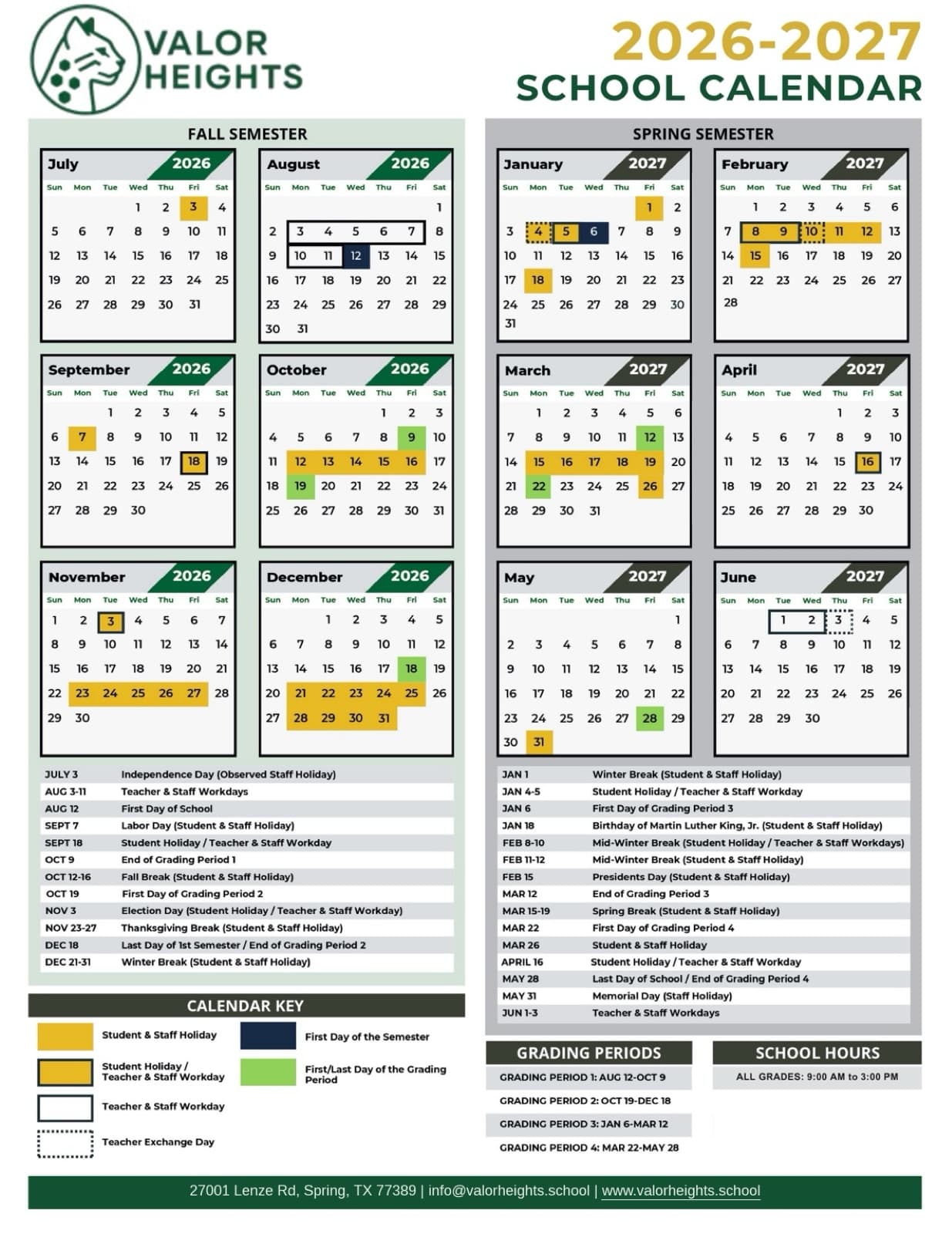 Valor Heights 2026–2027 school year calendar