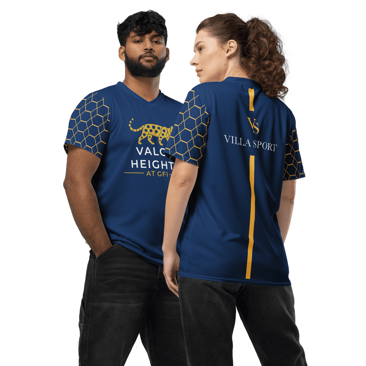 Front and back of the navy and gold Valor Heights at GFI jersey — Bengal crest on the chest, VillaSport across the back